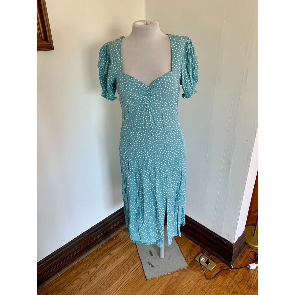Society + Stitch Blue polka Dot Sun Dress Maxi Midi Puff Milkmaid Boho Soft Med